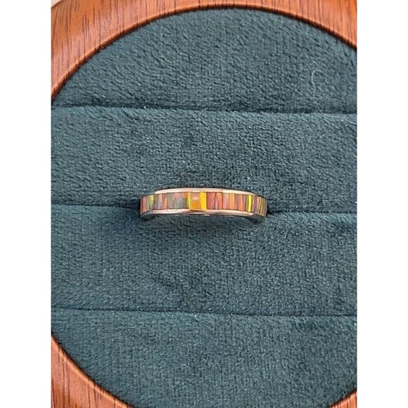 Sterling Silver Opal Inlay Band Ring 925 Size 6.5 Rainbow Mosaic Stackable Boho - Picture 2 of 6